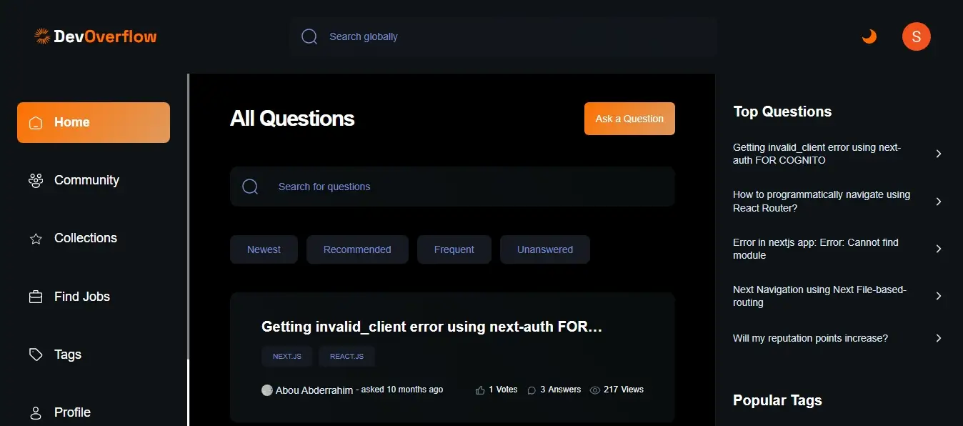 Capture d'écran du projet Dev Oveflow