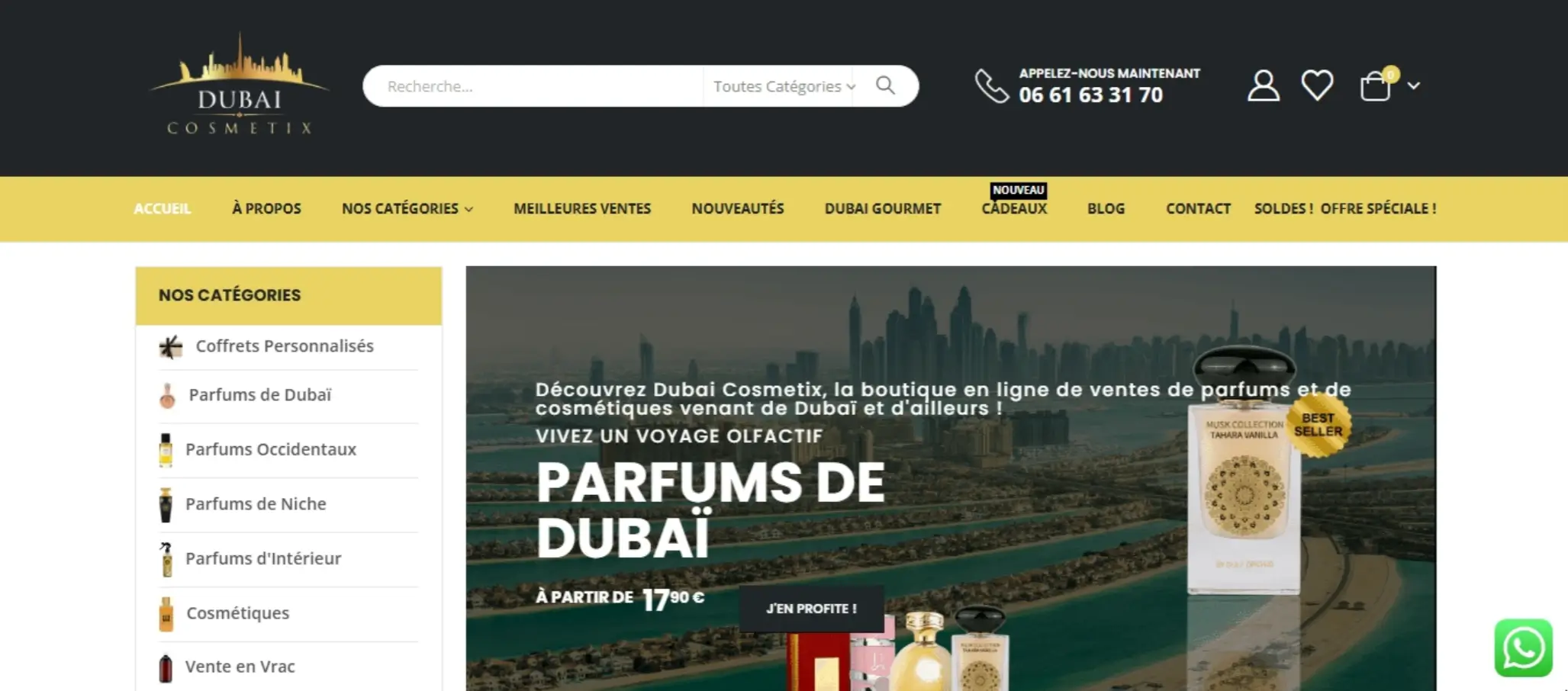 Capture d'écran du site e-commerce Dubai Cosmetix